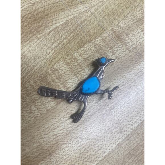 Vtg Native American Sterling Silver .925 Turquoise Roadrunner Bird Brooch Pin - Picture 4 of 4